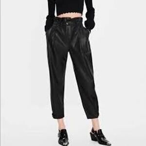 ZARA Pleather Paperbag Pants Black Vegan High Rise Baggy Pockets Women 6